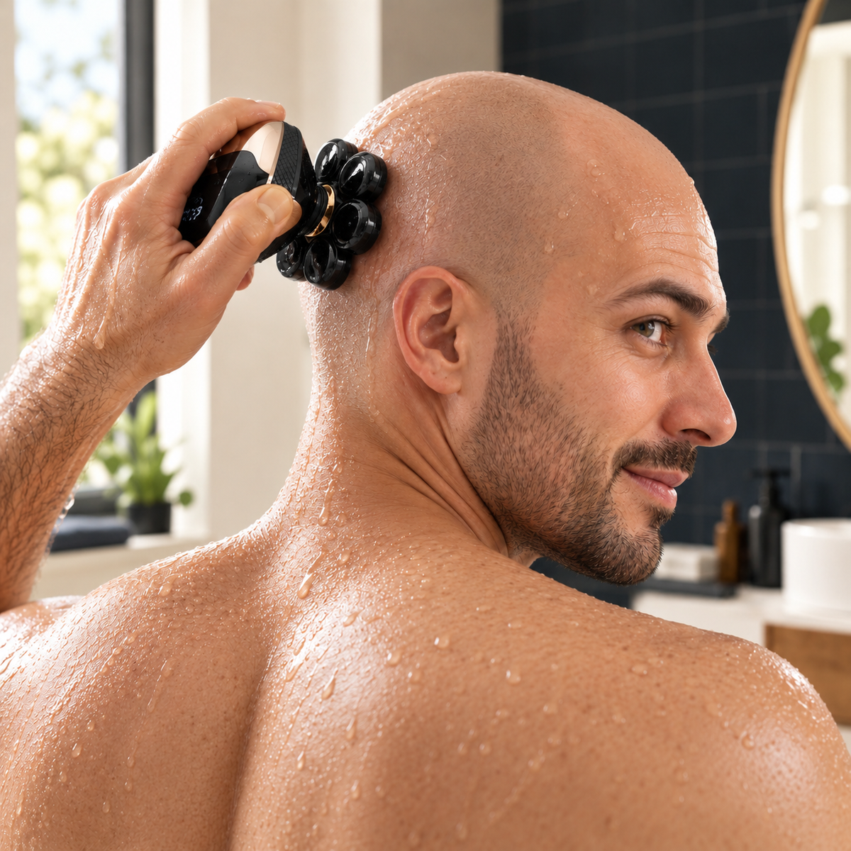 Bald man shaving the back of his head by feel with the SleekDome Crown Shaver in a bathroom