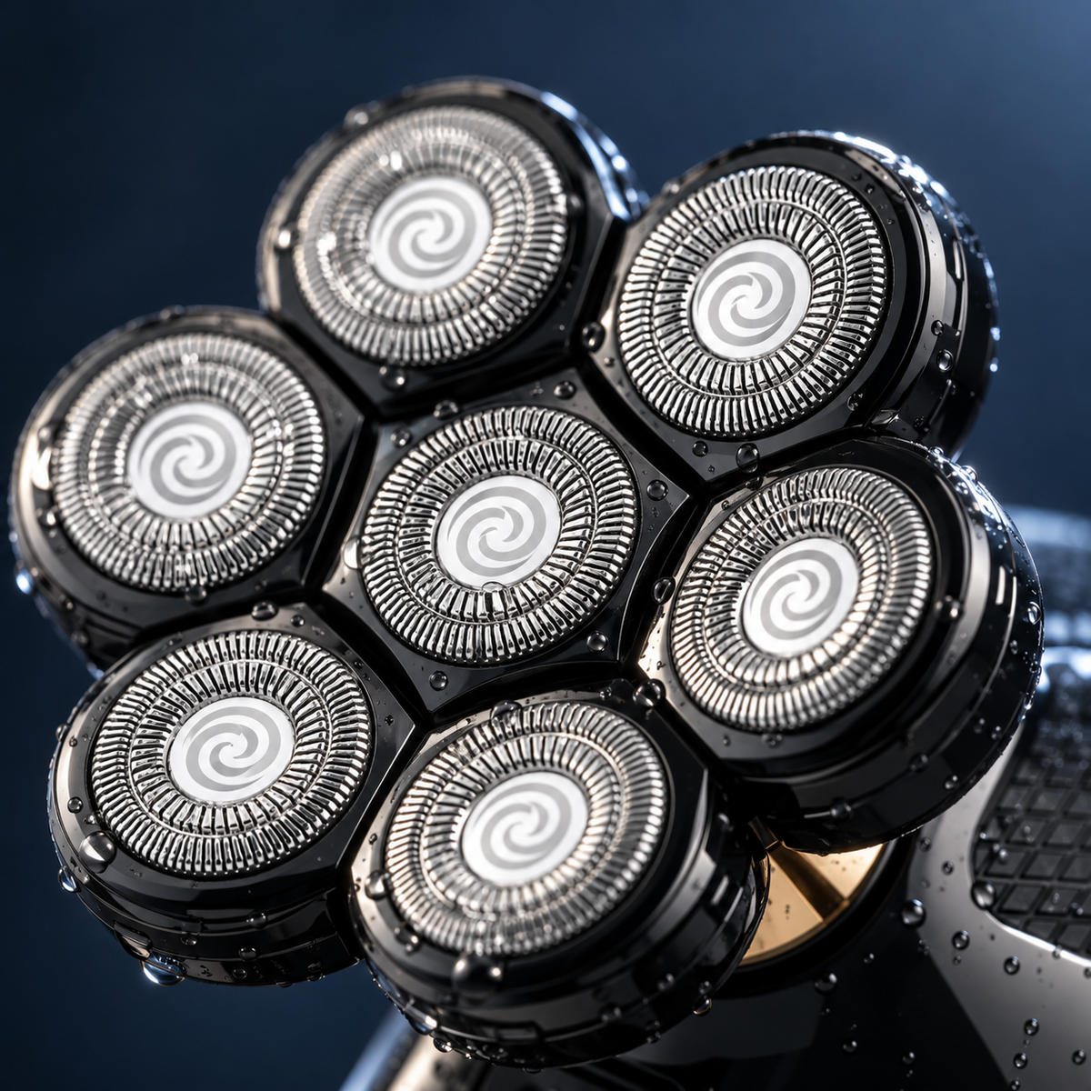 Macro close-up of the Crown Shaver's seven rotary shaving heads with water droplets