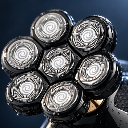 Macro close-up of the Crown Shaver's seven rotary shaving heads with water droplets